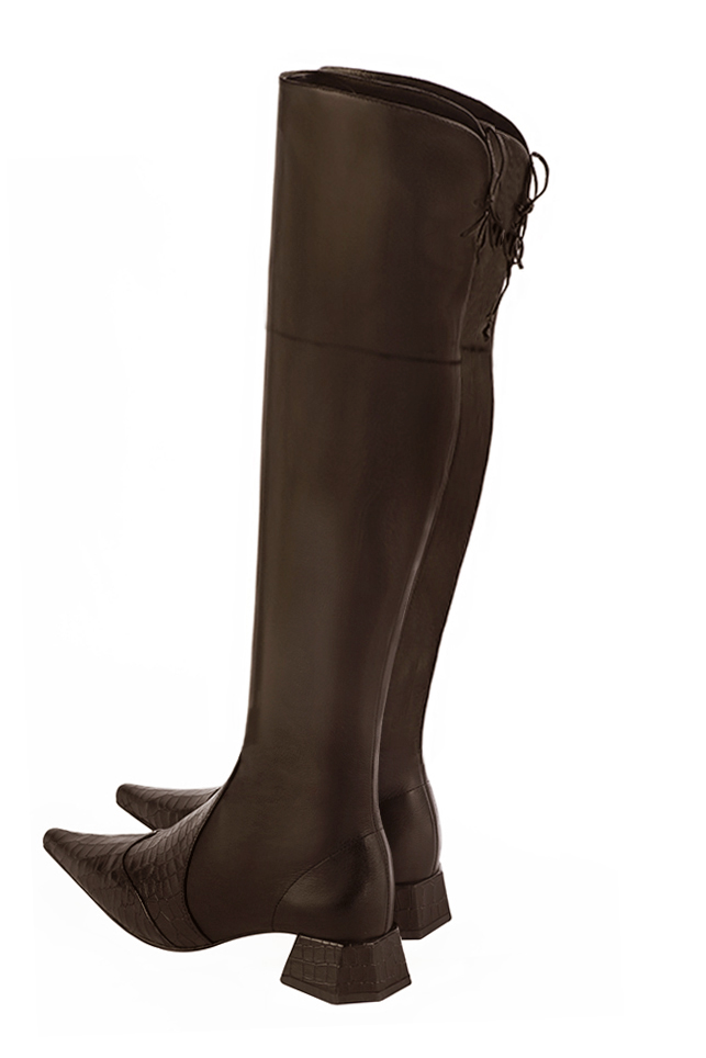 Dark brown women's leather thigh-high boots. Pointed toe. Low flare heels. Made to measure. Rear view - Florence KOOIJMAN